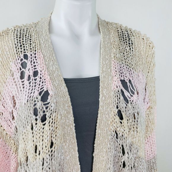 WILDFOX Cardigan Women size XS Pink Beige Distressed Striped Open Knit Sweater - Picture 2 of 7